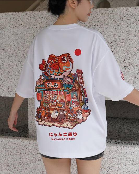 Oversized T-Shirt |  Paw District: Sushi Shop (White)